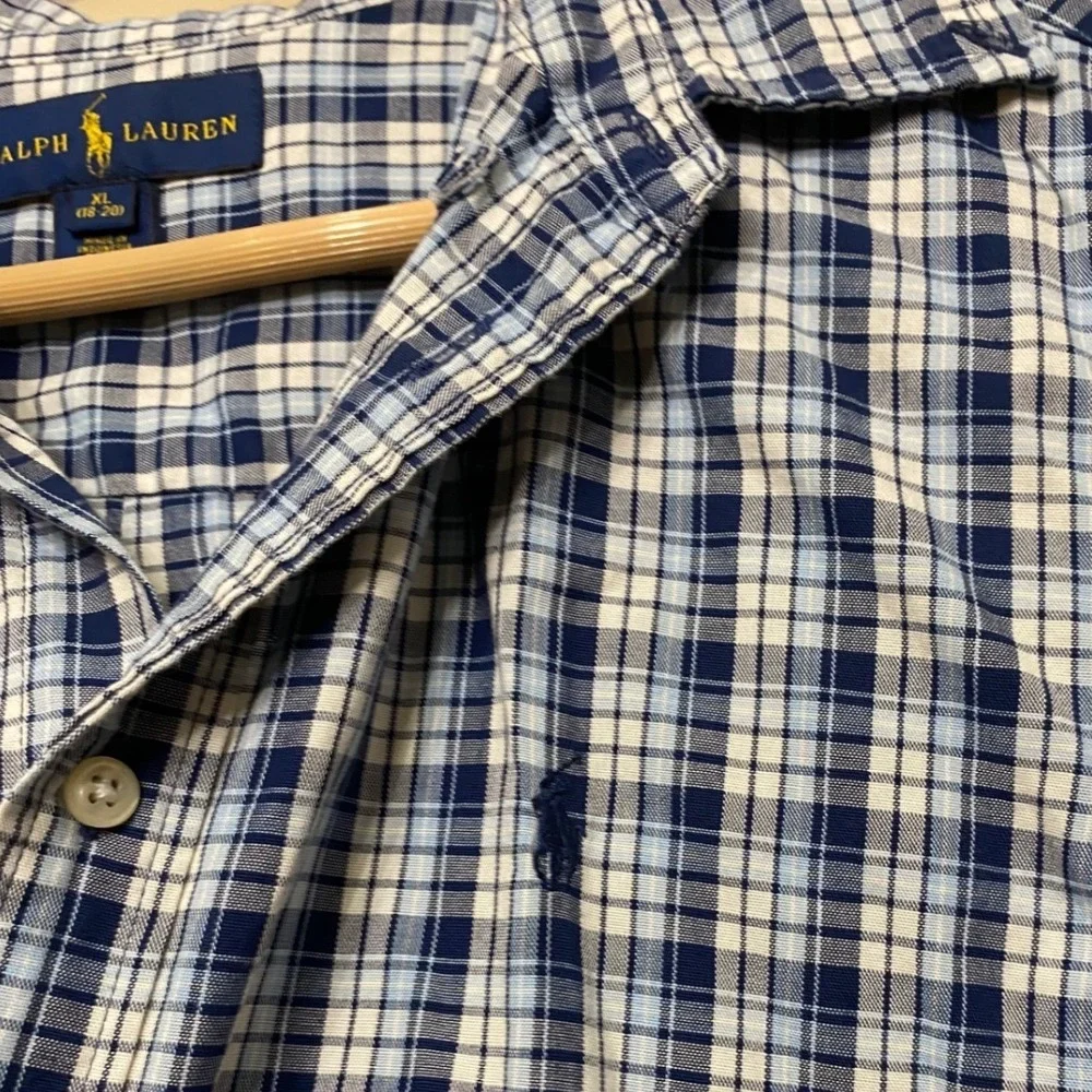 Ralph Lauren Mens XL 18-20‎ Blue White Plaid Short Sleeve Button Down Shirt Pony